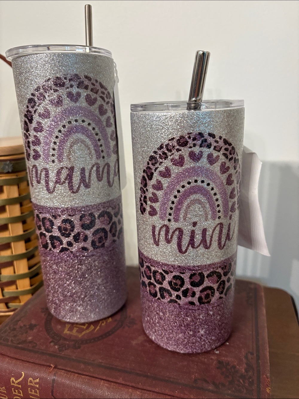 Glitter Purple Mama & Mini Tumbler Set - Sparkle Rainbow Design
